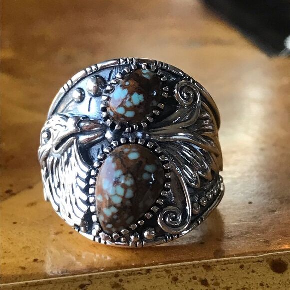 Natural Turquoise Sterling Silver Eagle Ring Size 6 - Picture 9 of 10